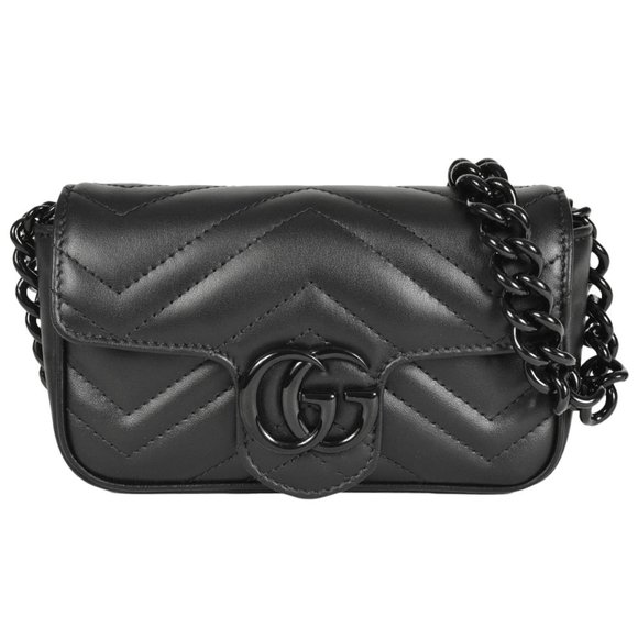 GUCCI GG Marmont Shoulder Bag Leather 699757 Black Chain Belt - Picture 1 of 7